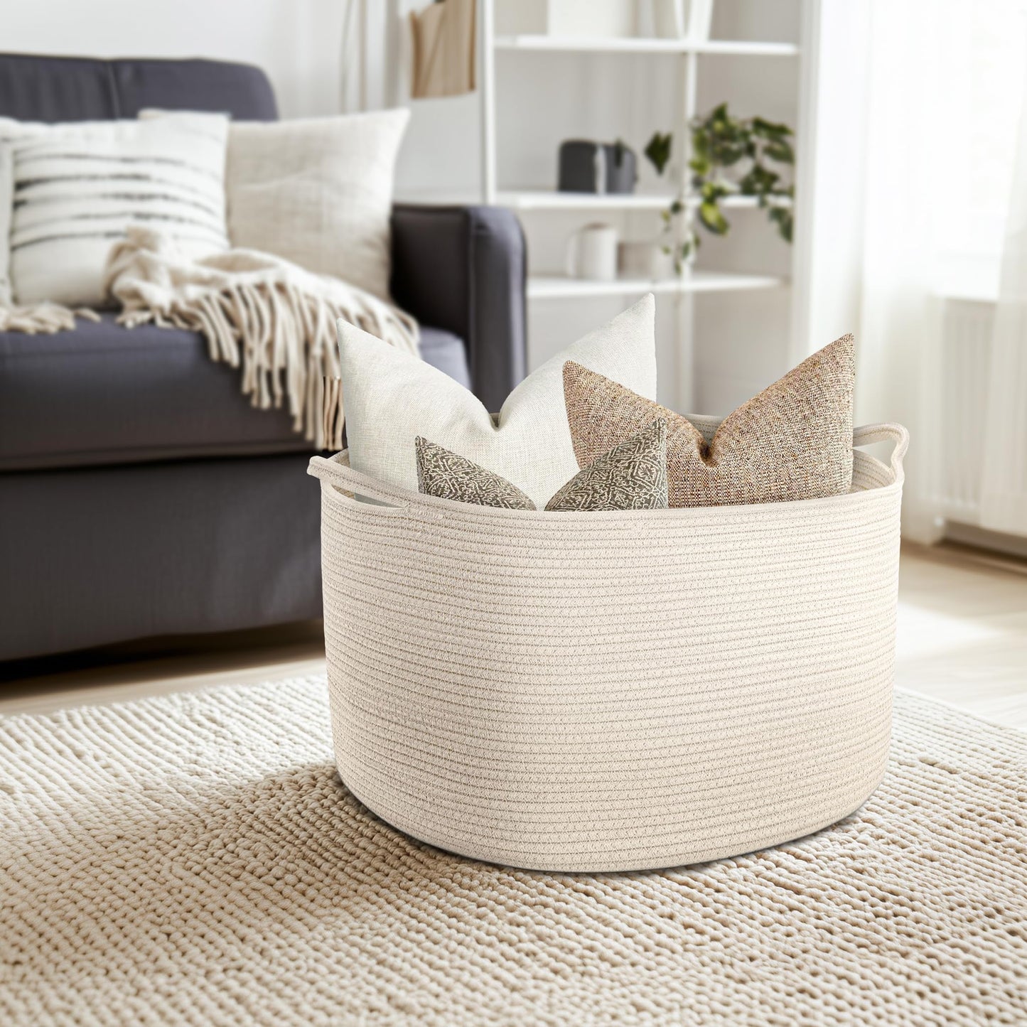Maliton Extra Large Blanket Basket, Big Woven Cotton Rope Bin for Toys Towels, Pillow Basket with Handles, 22" x 22" x 14" Nursery Laundry Hamper, White Large Storage