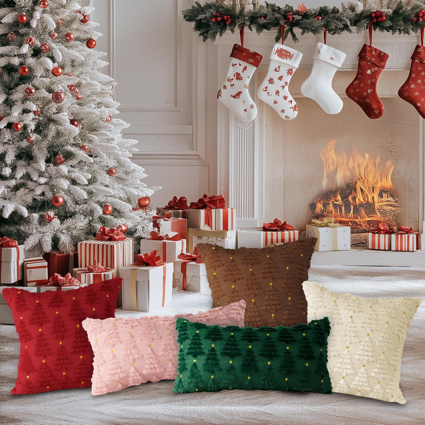 Lanpn Christmas 12x24 Throw Pillow Covers Set of 2, Winter Star Christmas Tree Throw Pillow Cases Soft Plush Faux Fur Wool 12 x 24 Winter Cushion Cover for Indoor Home Bedroom Couch Sofa Decor (Beige)