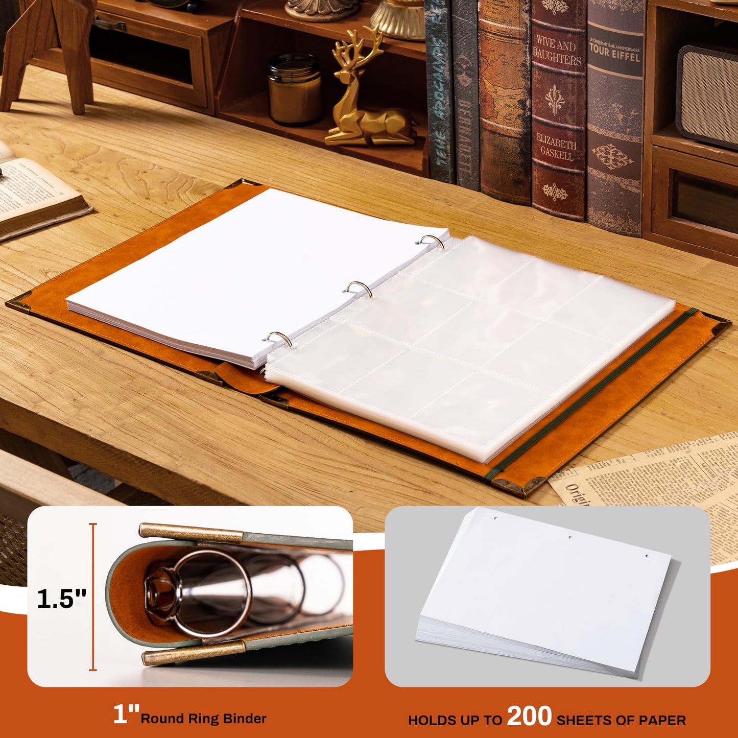 Ovesmusl Leather 3 Ring Binder Fits 8.5"x11" Letter Size Paper, 1 Inch Round Ring Binder Holds 200 Sheets, Notebook Cover Loose Leaf Organizer, Green Tree