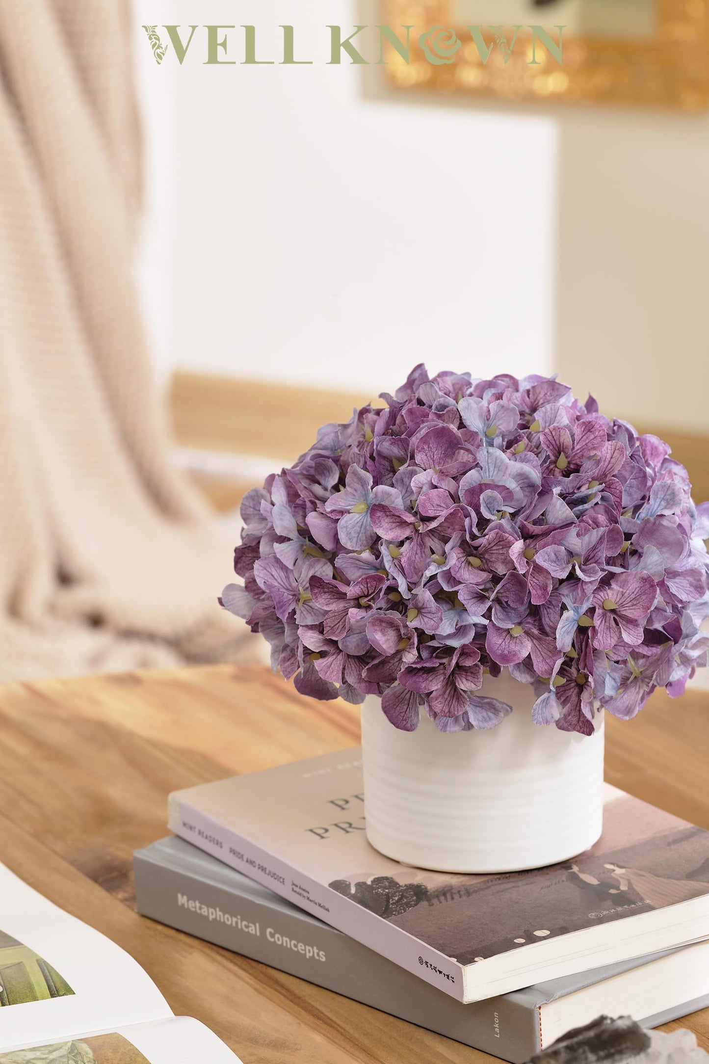Hydrangea Fake Flowers in Vase, Artificial Flowers with Ceramic Vase Small Faux Potted Floral Arrangements for Bathroom Home Desk Kitchen Counter Vanity Shelf Coffee Table Centerpiece Decor (Purple)