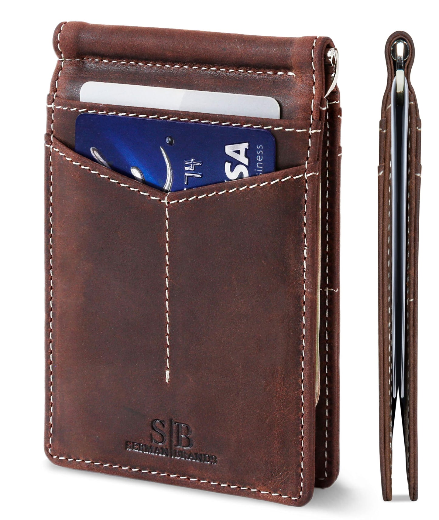 SERMAN BRANDS RFID Blocking Wallet Slim Bifold - Genuine Leather Minimalist Front Pocket Wallets for Men with Money Clip Gift (Texas Brown)