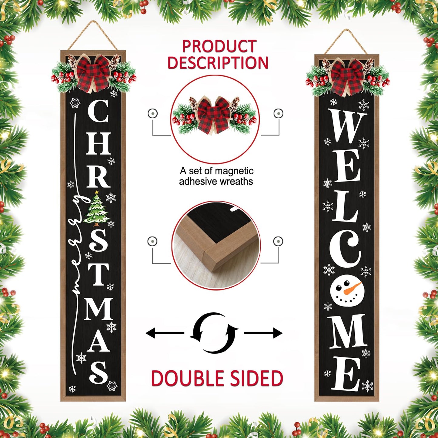 Double-sided Merry Christmas Wooden Sign Stand with Magnetic-adhesive Wreath for Front Door, 47" Farmhouse Vertical Snowman Welcome Porch Sign, 2in1 Tall Xmas Porch Leaner Decor