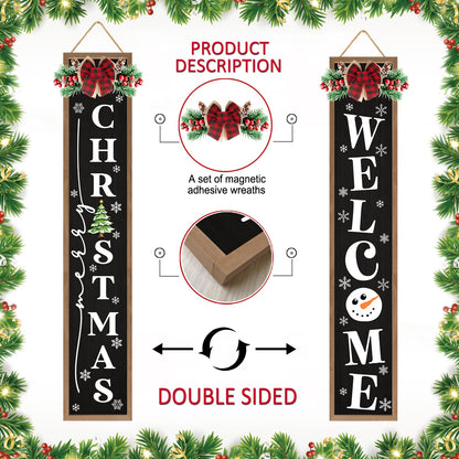 Double-sided Merry Christmas Wooden Sign Stand with Magnetic-adhesive Wreath for Front Door, 47" Farmhouse Vertical Snowman Welcome Porch Sign, 2in1 Tall Xmas Porch Leaner Decor