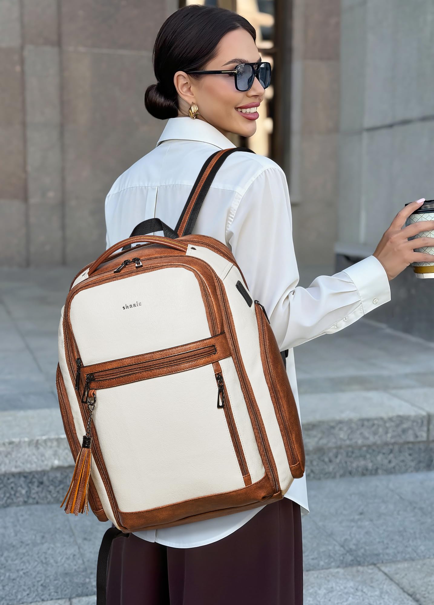 Shrrie Leather Backpack for Women, 17 Inch TSA Travel Backpack with USB Charger, 48L Expandable Large Capacity Computer Backpack Purse for Work Business Travel, Beige