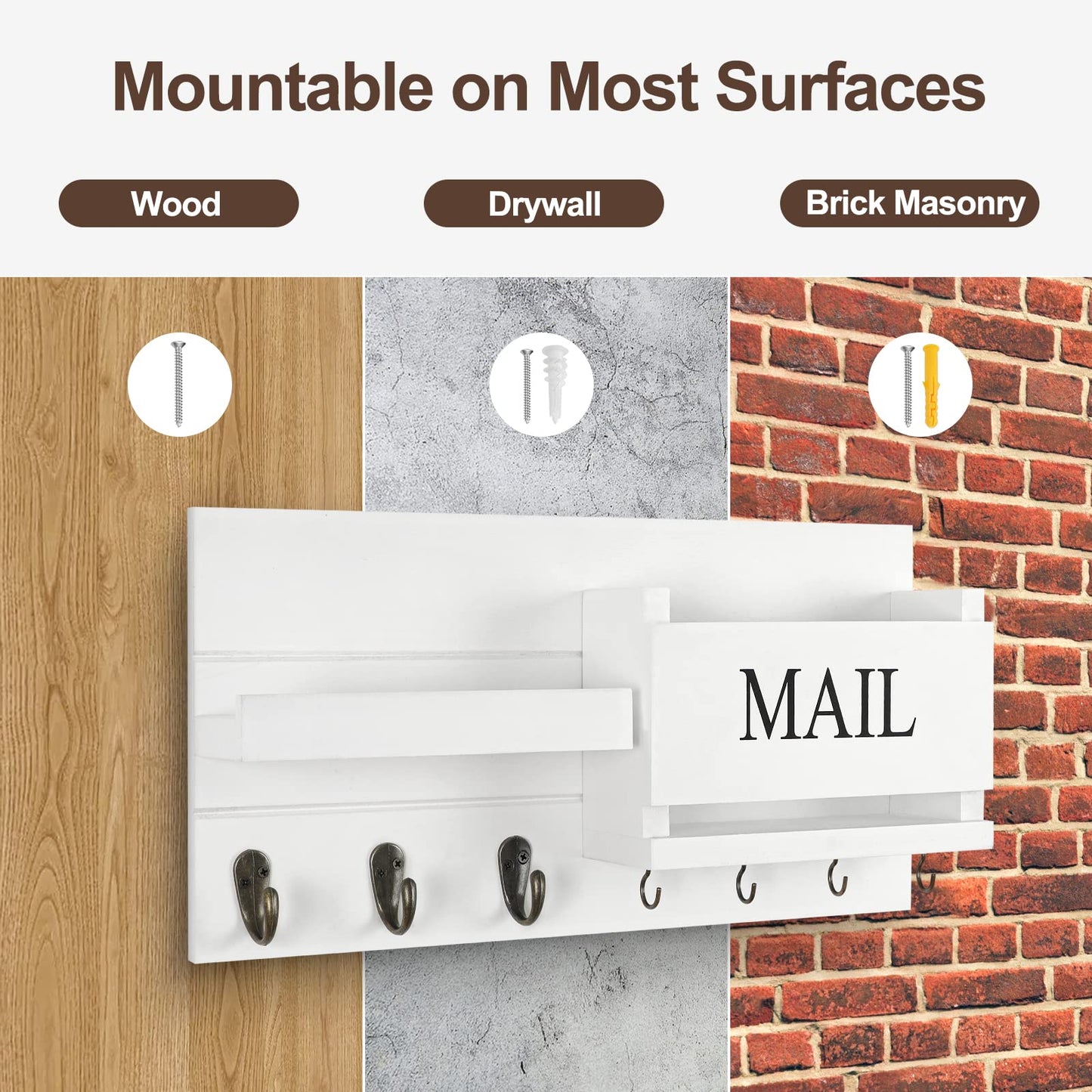 Lwenki Mail Organizer for Wall Mount – Key Holder with Shelf Includes Letter Holder and Hooks for Hallway Farmhouse Decor – Rustic Wood with Flush Mounting Hardware (16.5” x 9.1” x 3.4”) (White)