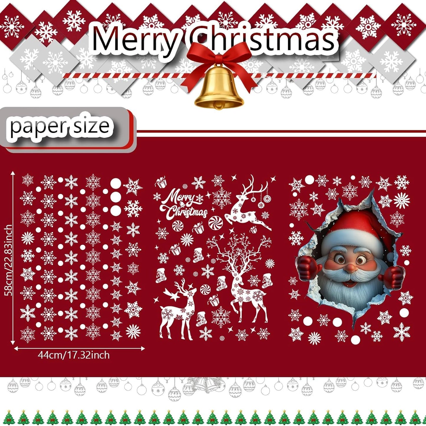 Christmas Window Clings Double Sided 3D Santa Claus Window Stickers Christmas Decorations Removable Reindeer Snowflake Vinyl Decals for Glass Windows, Home, Shop, Office, Holiday Party Xmas Decor