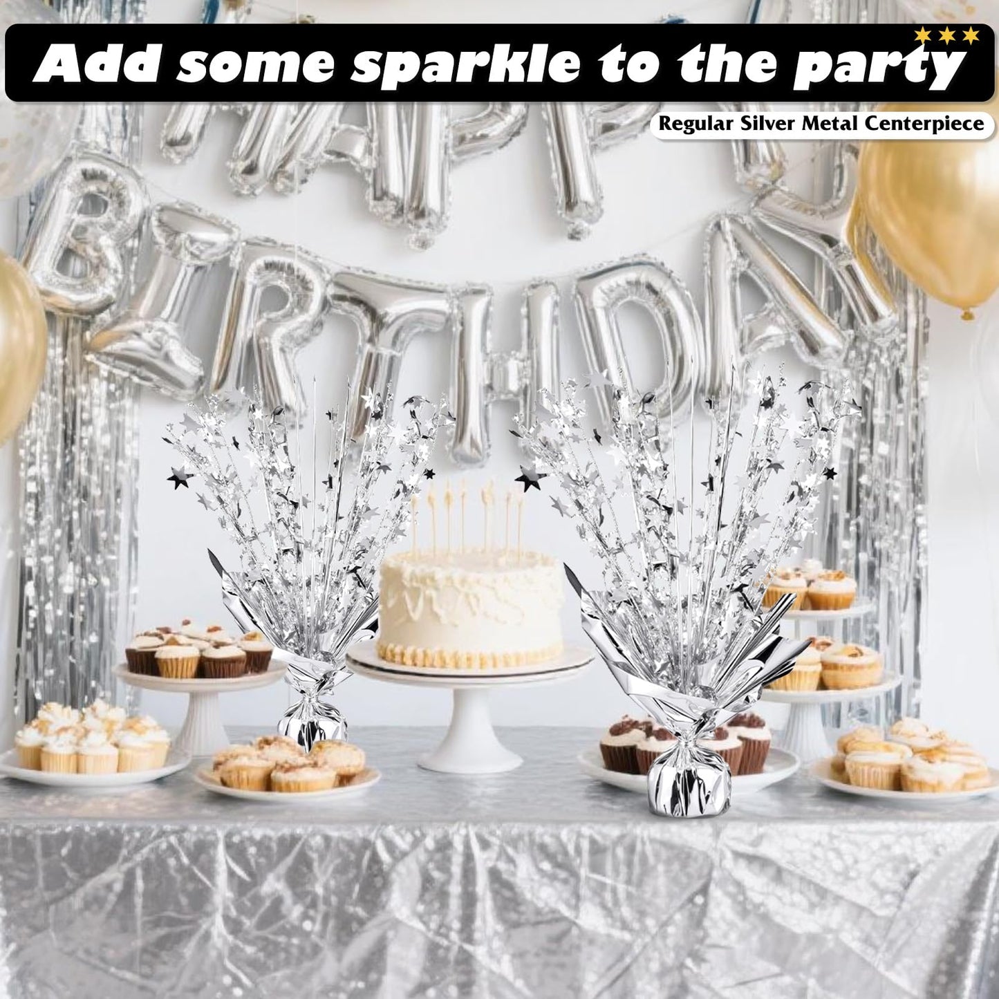 6 Pack Metallic Foil Spray Centerpiece Star Table Decoration Burst Table Centerpieces for Birthday Weddings Anniversaries Christmas New Year Holiday Party Supplies Decor (Silver)