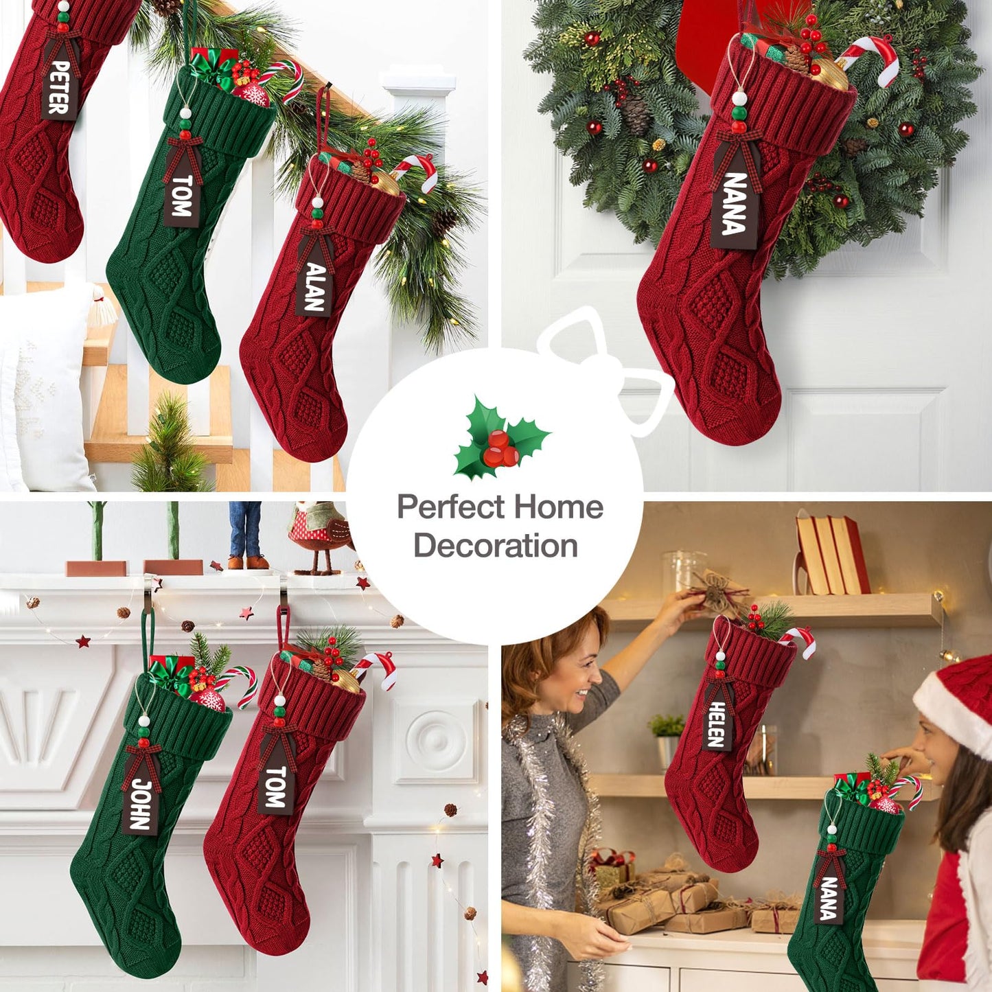 Hommtina Christmas Stockings, Personalized Christmas Stockings 18 Inches Large Size Cable Knitted Stocking Gifts (6pcs red&Green)
