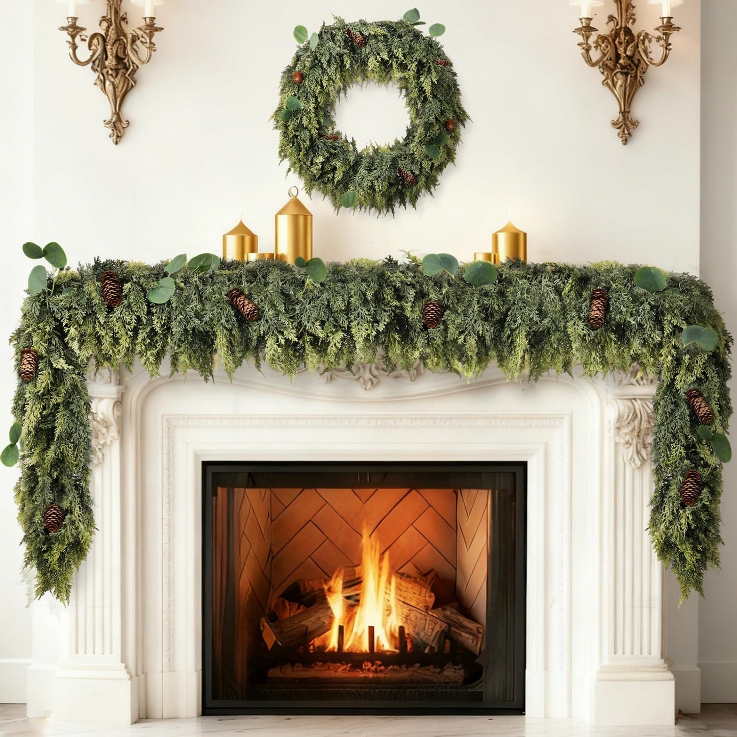 Gudegou 6FT Christmas Garland, Cedar Garlands with Eucalyptus,Artificial Pine Garland Christmas Decorations for Mantle Fireplace Outdoor Staircase