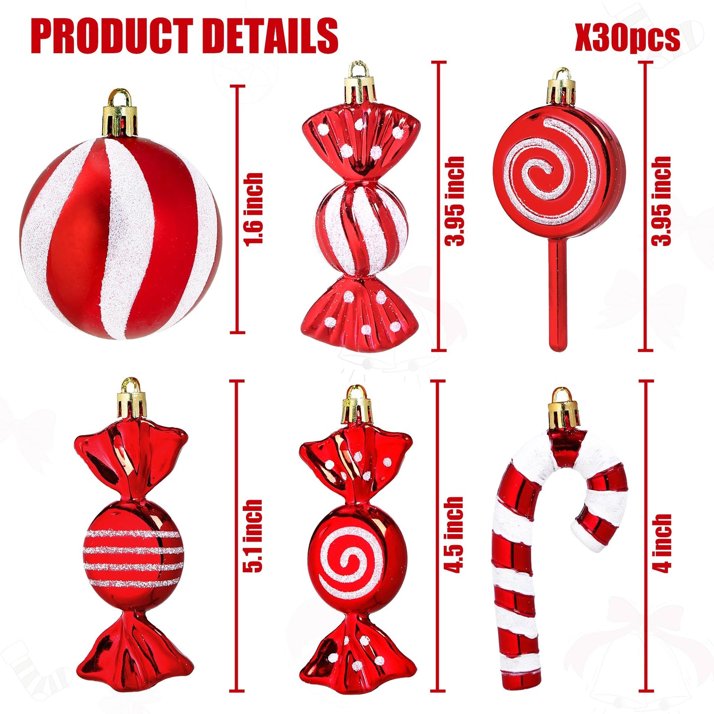 Christmas Candy Cane Lollipop Ornaments for Christmas Tree 30Pcs Xmas Plastic Peppermint Christmas Tree Hanging Ball Pendants for Xmas Party Indoor New Year Holiday Home Decorations (Red)
