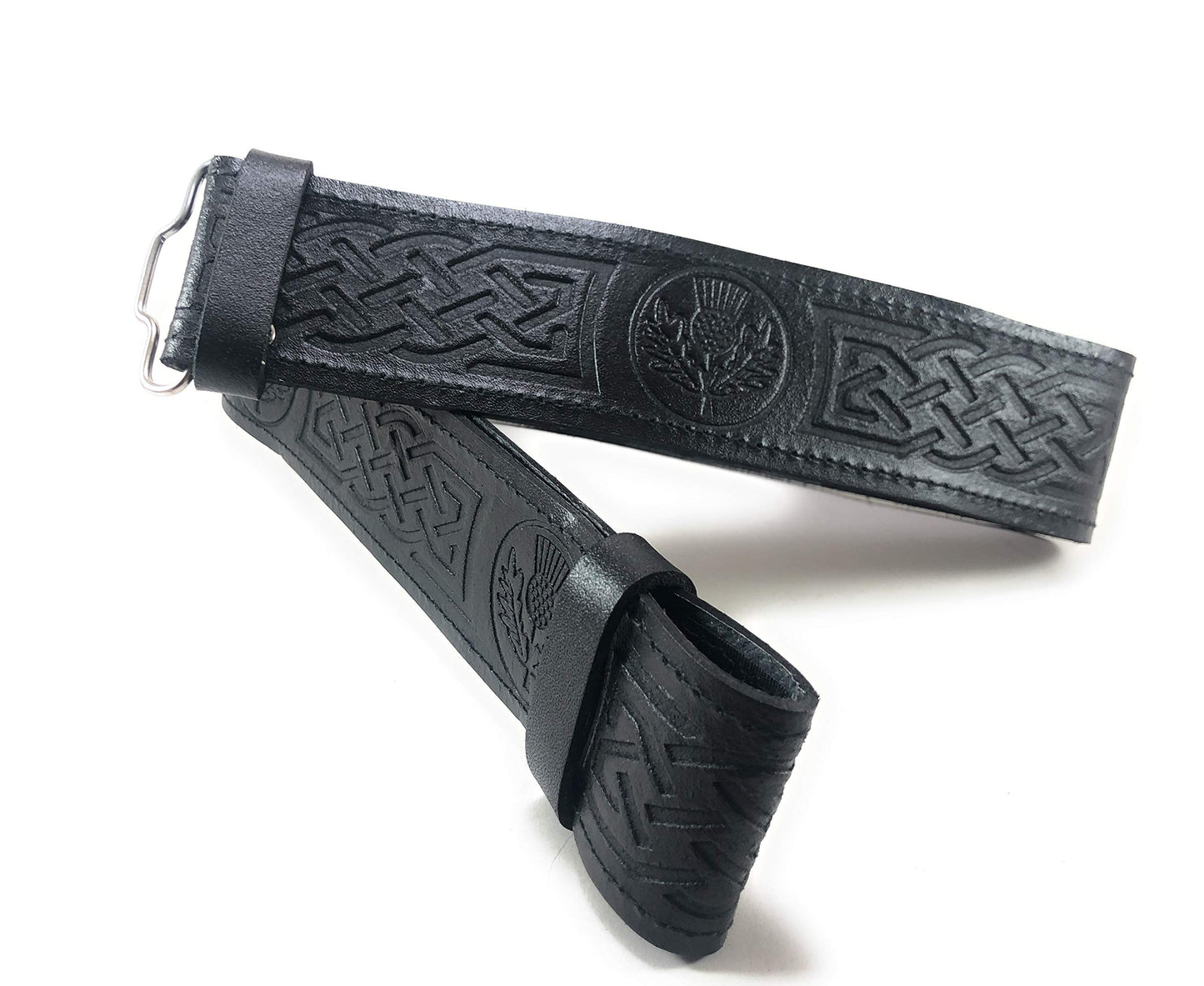 KSUC Black Leather Scottish Highland Kilt Belt With Thistle Embossed Design (Extra Large)