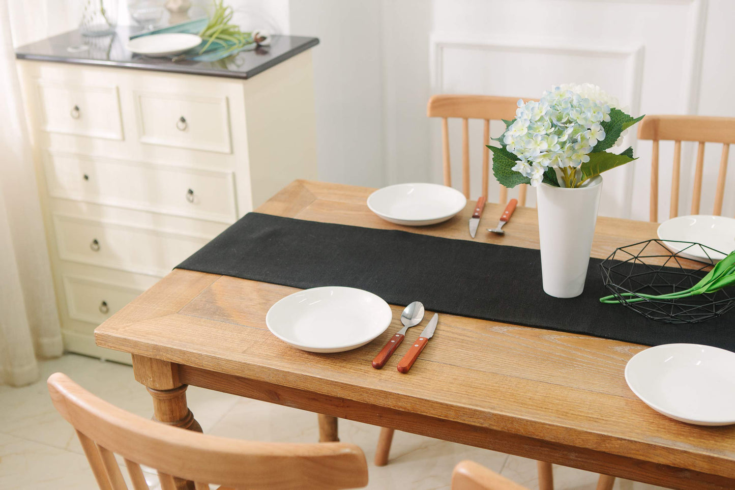 2 Piece Fabric in 1 Dinning Table Runner 12 x 120 Inches Farmhouse Kitchen Coffee Burlap Table Runner for Holiday Party, Black