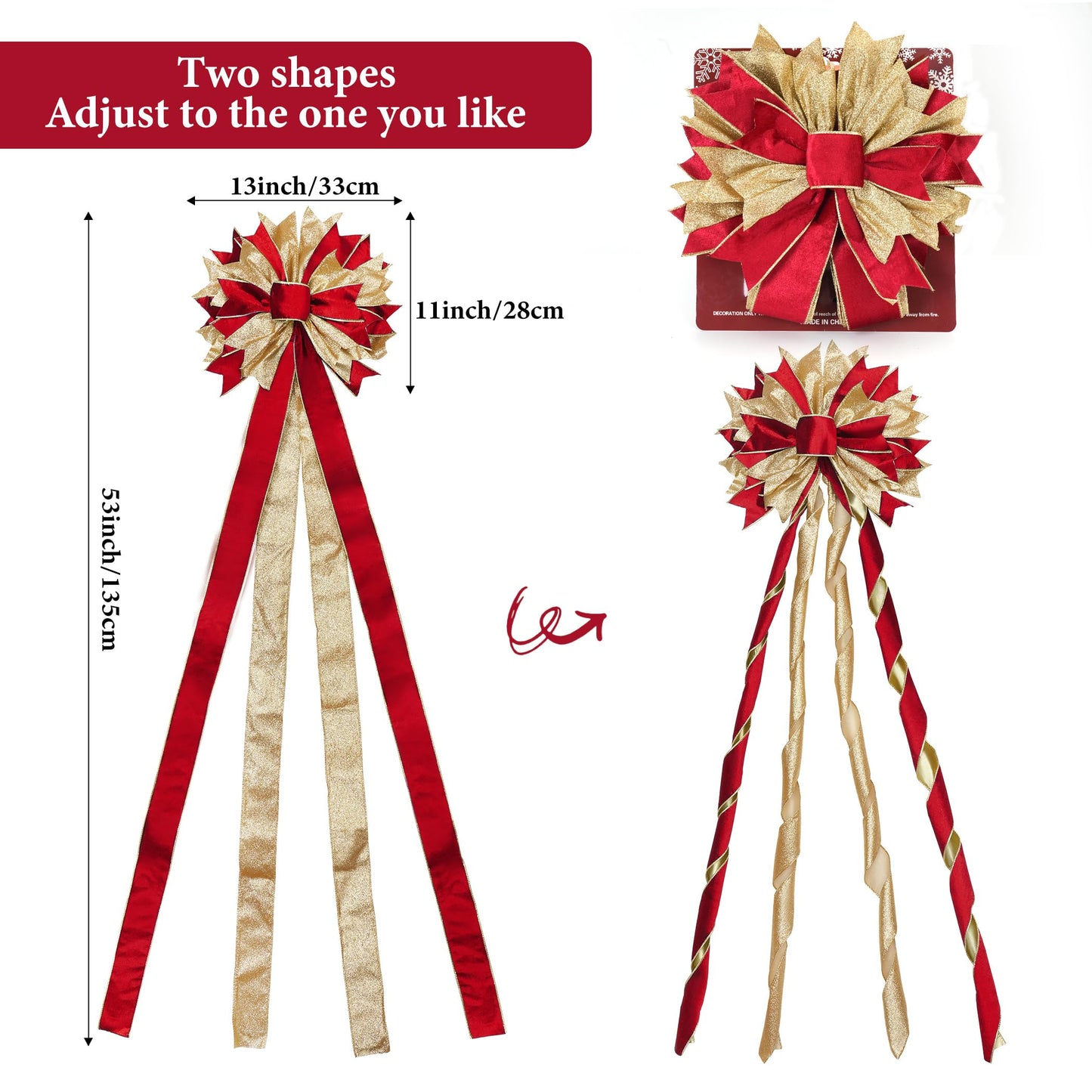 Red Gold Christmas Tree Topper, 40x13 Inches Toppers Bow with Glitter Satin Mesh Streamer and Patterned Ribbon, Christmas Tree Topper Bow for Christmas Home Decoration