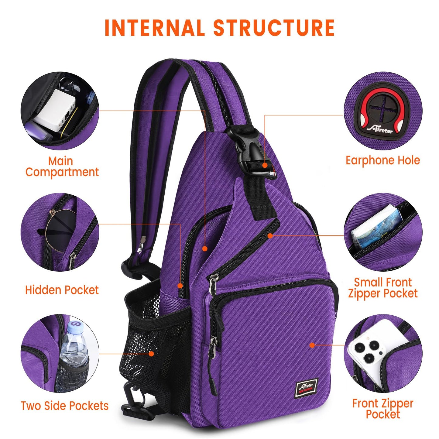 Afreter Crossbody Sling Backpack Men and Women Sling Bag Shoulder Backpack Travel Hiking Chest Bag Daypack (Purple)