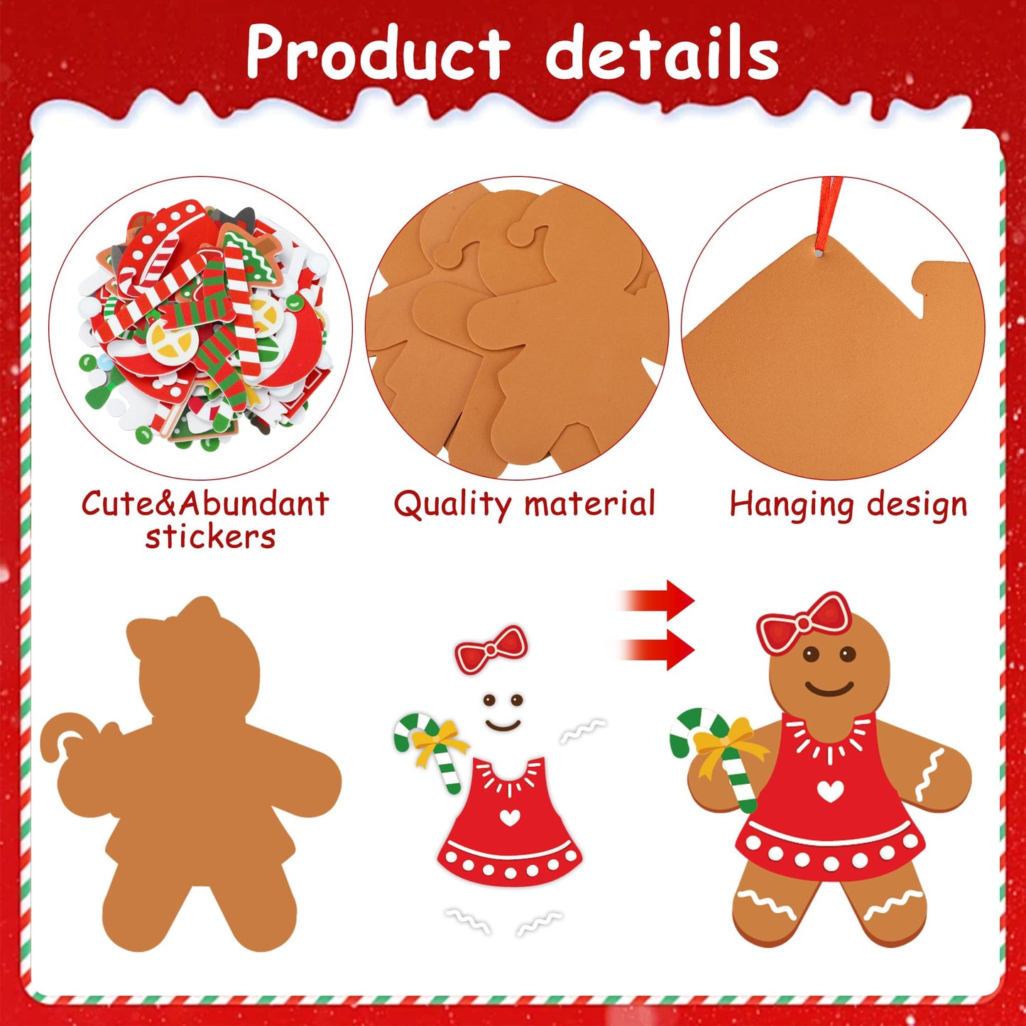 24 Sets Gingerbread Foam Craft Kit DIY Christmas Arts and Crafts for Kids Make Your Own Gingerbread Man and House Ornaments with Self Adhesive Sticker for Xmas Tree Holiday Home Classroom Party Decor