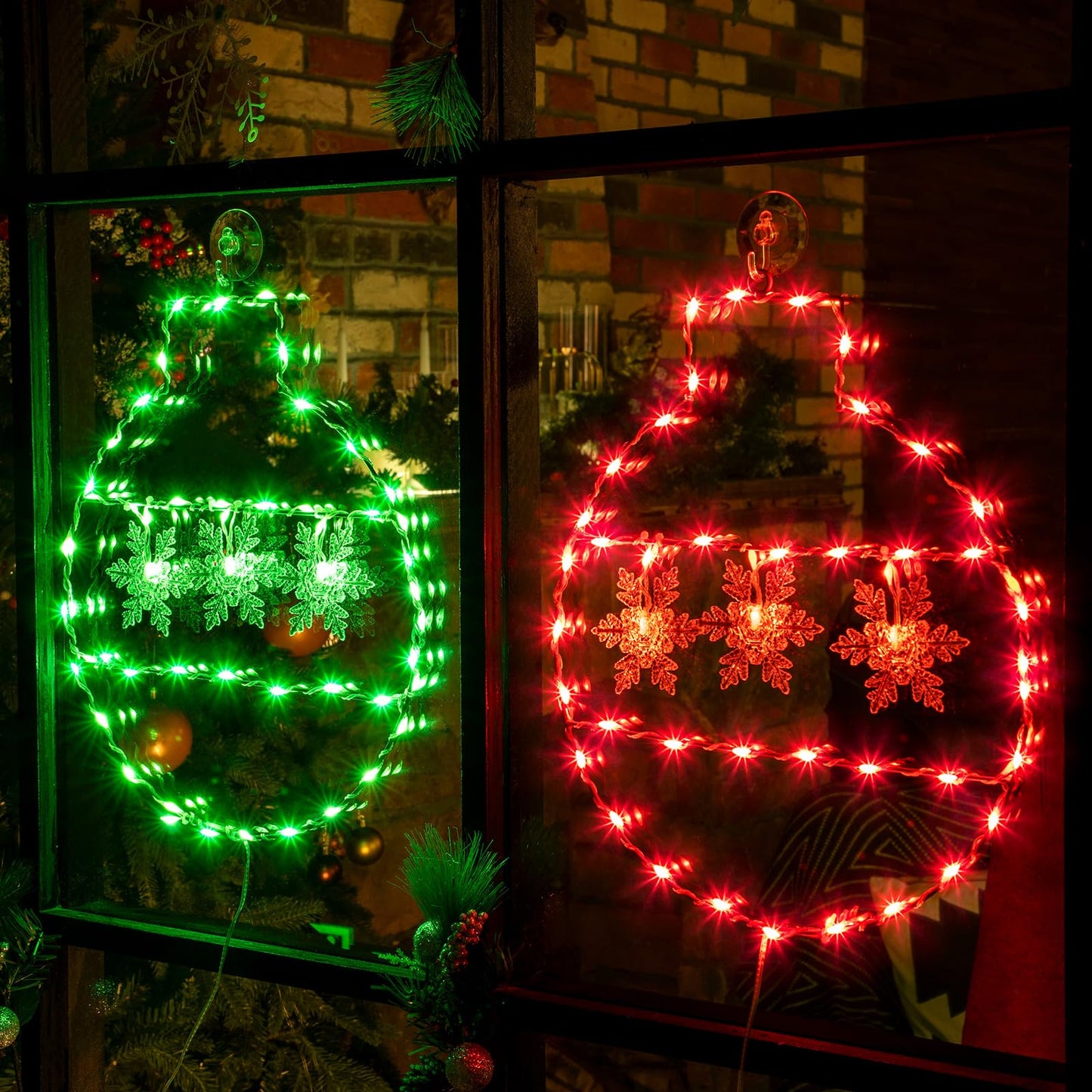 Hiboom 2 Pcs Christmas Window String Lights Decorations, 8 Modes Giant Green and Red LED Christmas Ball Window Lights with Snowflake, USB Powered and Remote Timer for Xmas Indoor Party Decor