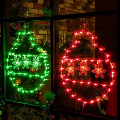 Hiboom 2 Pcs Christmas Window String Lights Decorations, 8 Modes Giant Green and Red LED Christmas Ball Window Lights with Snowflake, USB Powered and Remote Timer for Xmas Indoor Party Decor