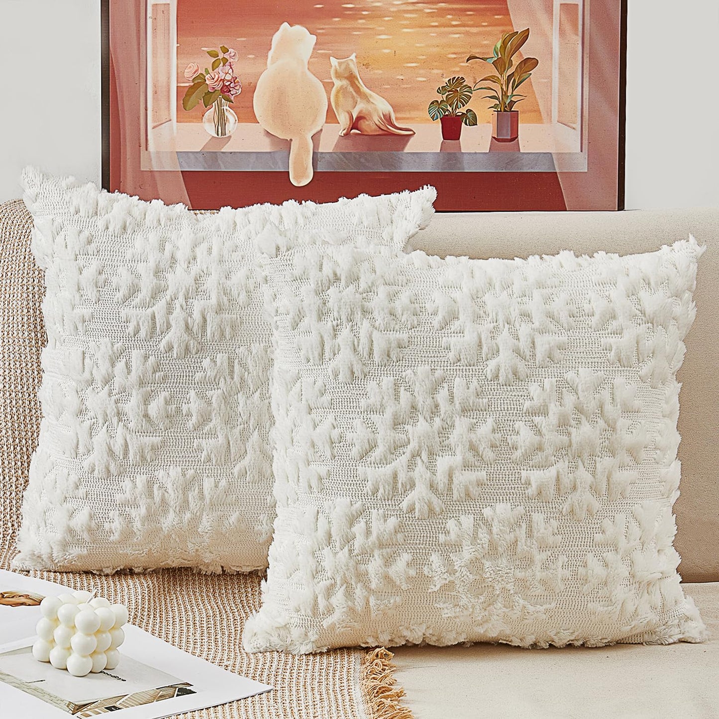multiwins Christmas Pillow Covers 18" x 18" Set of 2, Soft Plush Faux Rabbit Fur with 3D Embroidery Snowflake Design, Throw Pillow Covers for Sofa, Winter Holiday Christmas Decor,Skin-Friendly
