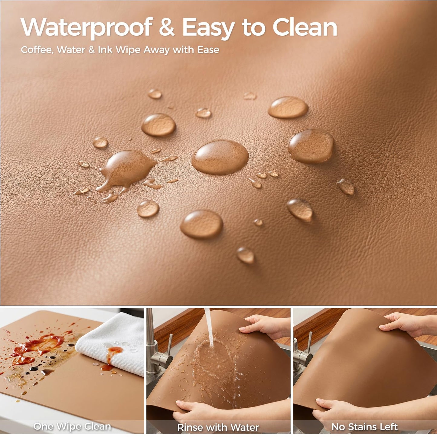 Promattoo 1.6mm Thick Leather 17x54 Inch Non-Slip Mat, Waterproof Countertop Protector, Dinner Table Runner/Cabinet Top Cover, Caramel Brown
