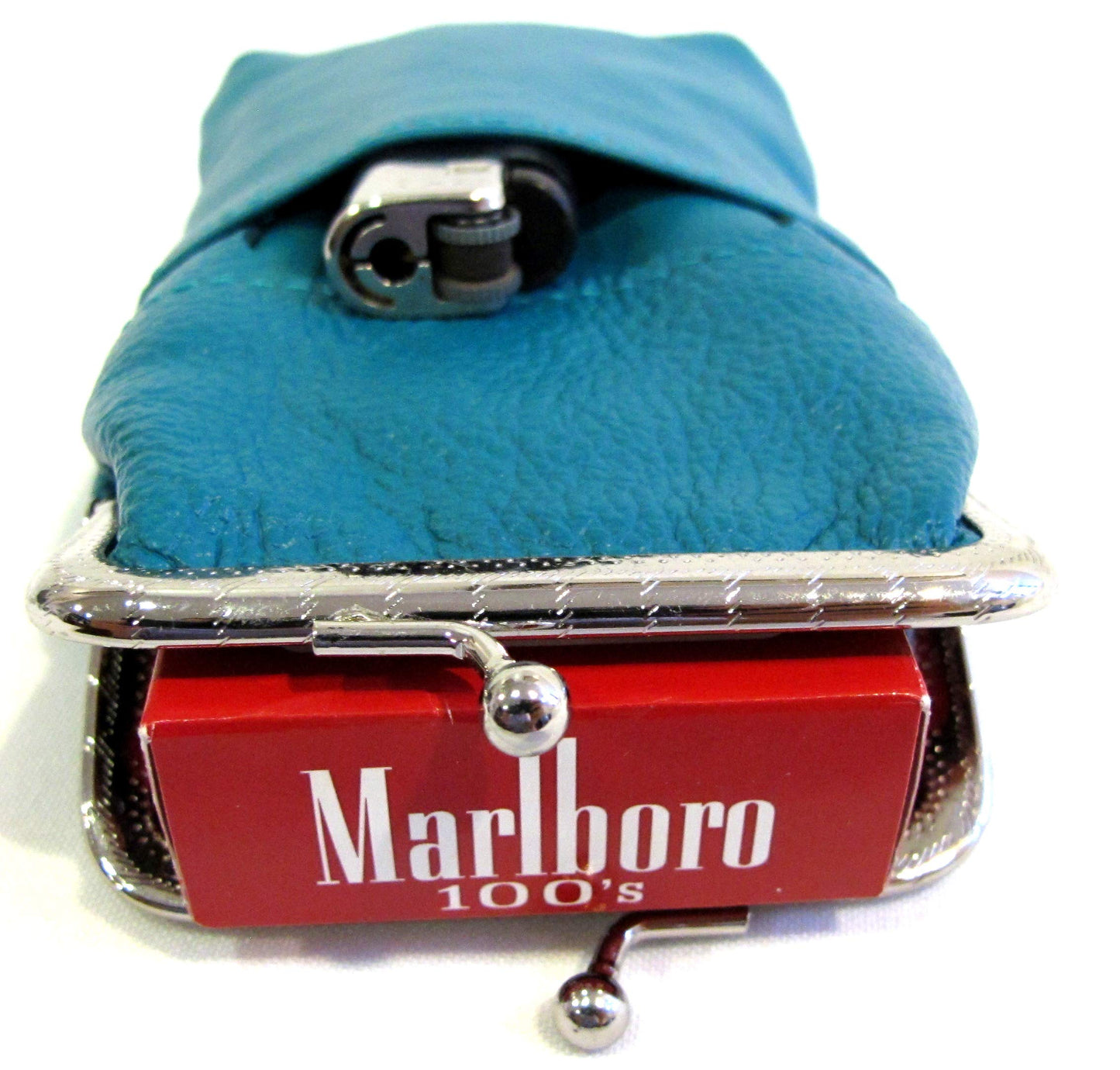 Women 100% Pure Leather Cigarette Case Lighter Match Pocket Zipper Coin Pouch -Teal