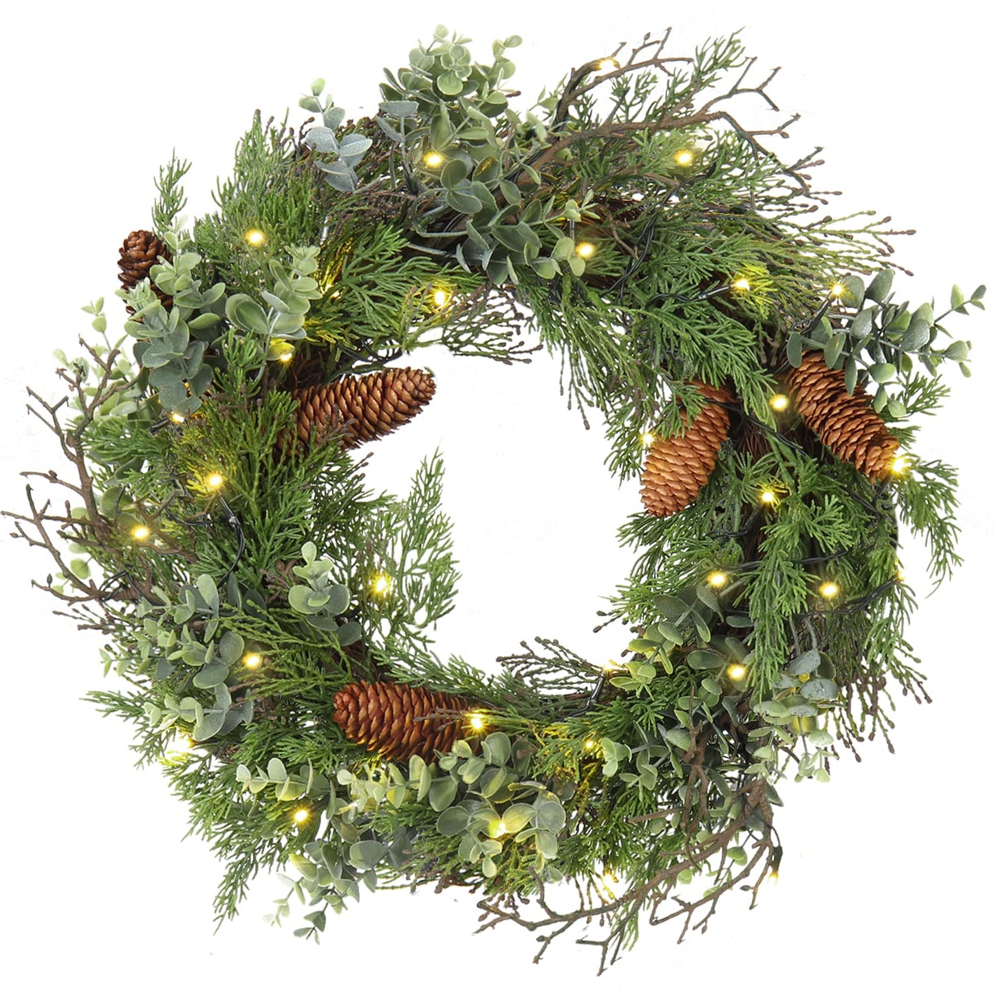 Pre Lit Christmas Wreath for Front Door Green Wreath Decorated with Pine Cones,Berry Clusters, Abundant Fit Branches 18” Lighted Christmas Wreaths for Windows Winter Wreath Hanging Wall Decor