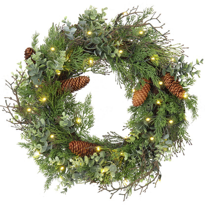Pre Lit Christmas Wreath for Front Door Green Wreath Decorated with Pine Cones,Berry Clusters, Abundant Fit Branches 18” Lighted Christmas Wreaths for Windows Winter Wreath Hanging Wall Decor