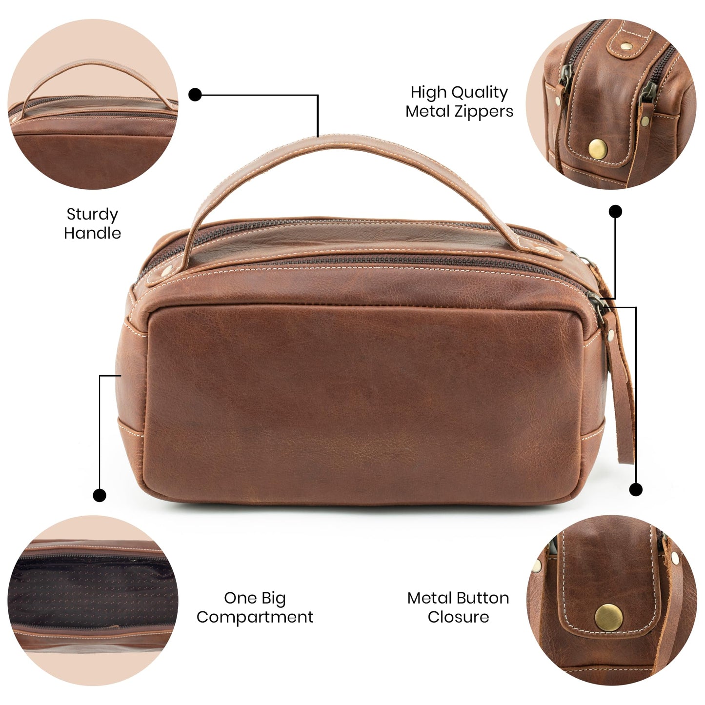 Handmade World Leather Toiletry Bag for Men - Genuine Full Grain Leather Dopp Kit “Golden Oak” - Large Travel Shaving Kit Organizer Grooming Bag
