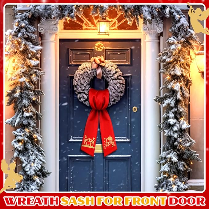 Wreath Sash for Front Door Wreath Satin Sash Blank Sashes Embroidery Monogram Yard Doorway Indoor Outdoor Wall Ribbon Bow Home Decor(Red, Gold,Nativity)