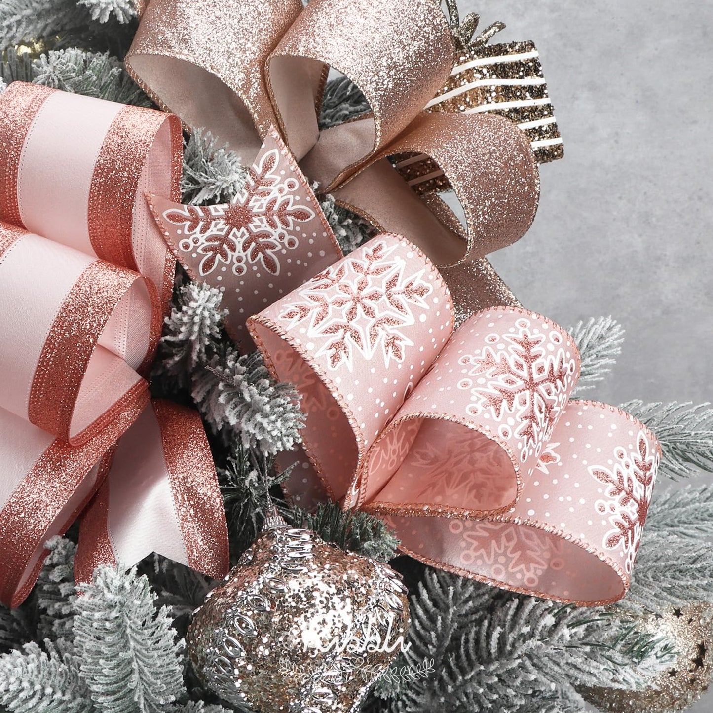 Ribbli Christmas Ribbon Wired Rose Gold Christmas Tree Ribbon Snowflake Glitter Wired Ribbons for Crafts Gift Wrapping Wreaths Garland Home Decor -2.5 Inchx6 Rolls Total 36Yard