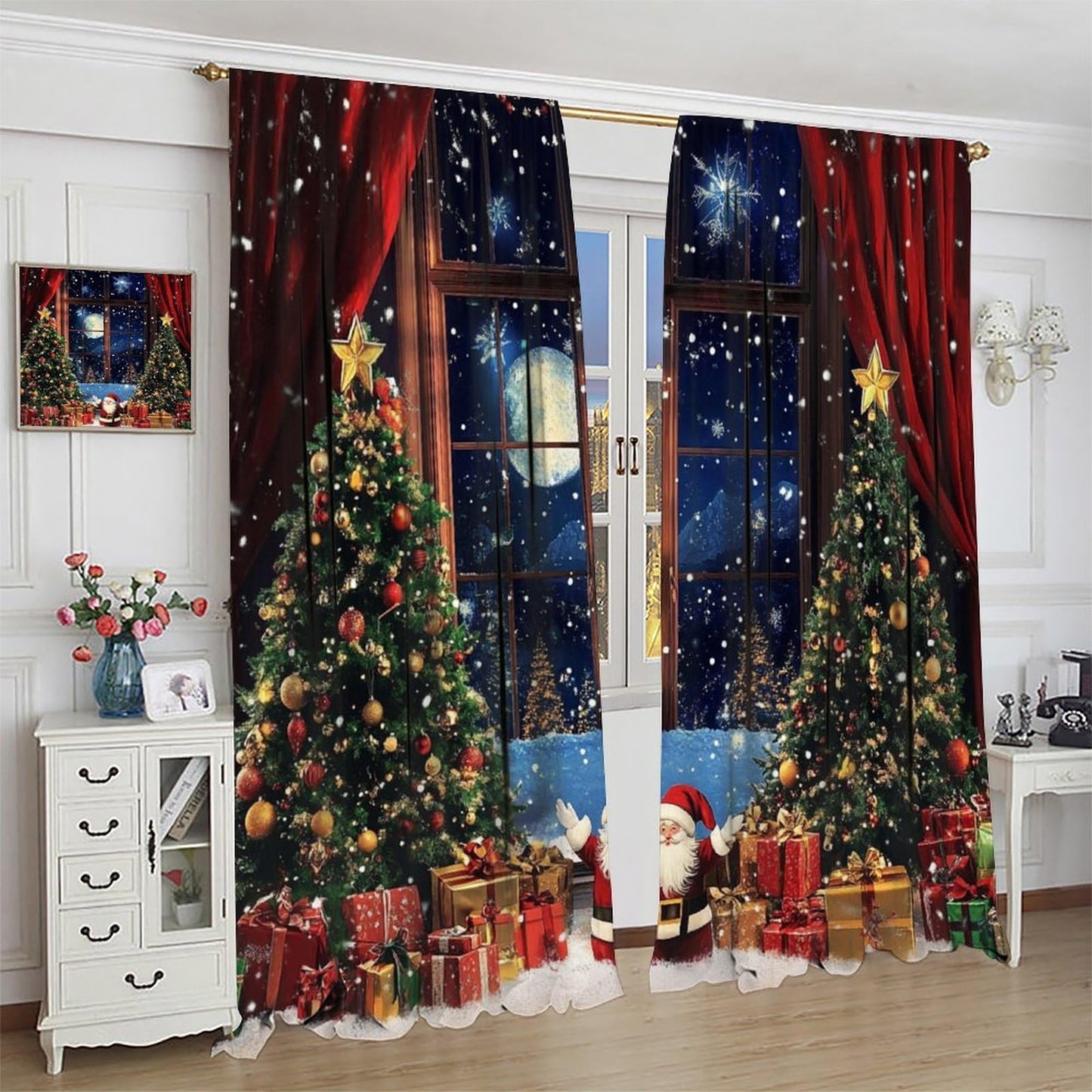 Merry Christmas Santa Claus Curtains Happy New Year Christmas Tree Snowflake for Living Room Bedroom Blackout Decor Window Drapes 42" W X 45" L