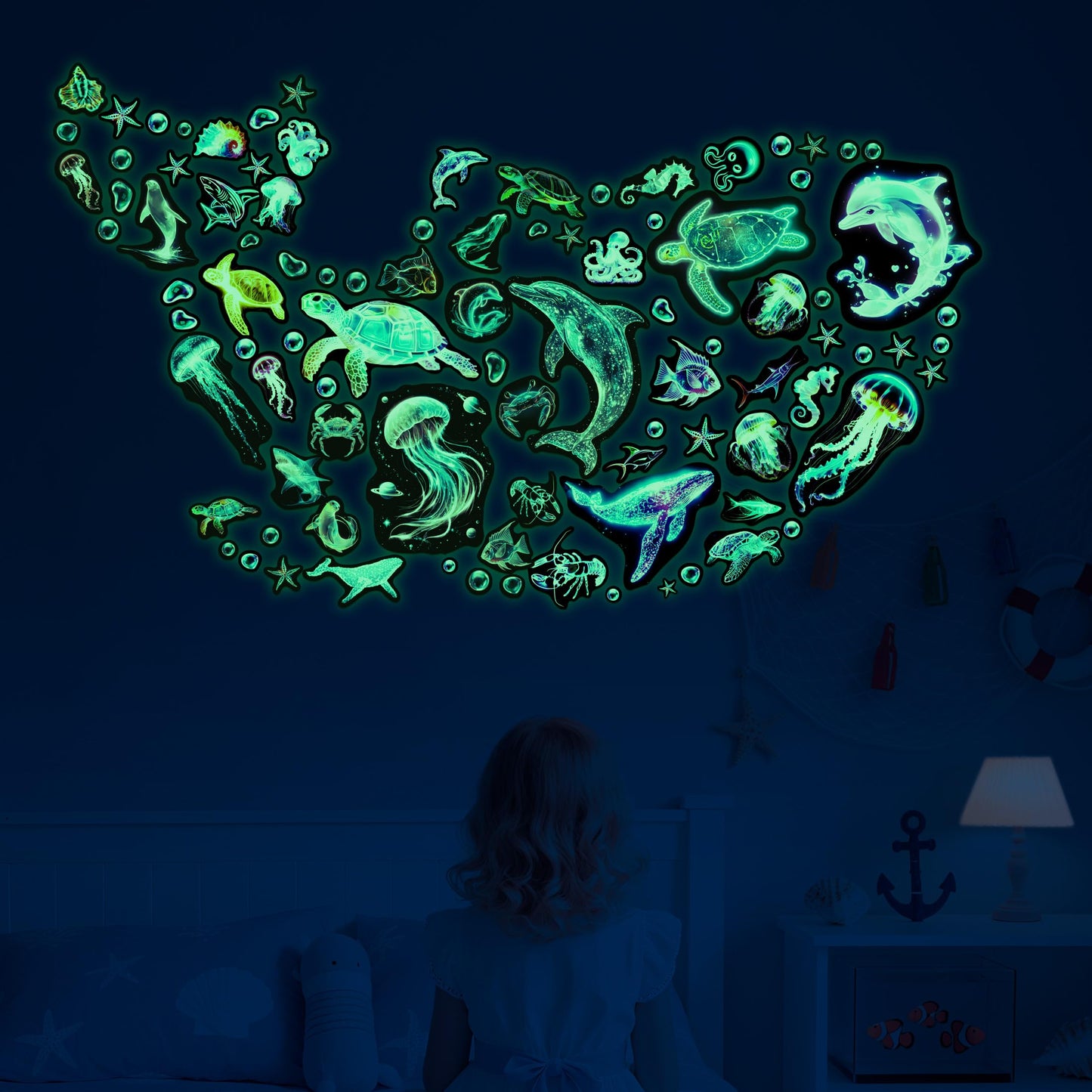Fantasy Ocean Fish Wall Decals Glow in The Dark, Colorful Neon Ocean Animal Wall Stickers for Kids, Waterproof Vinyl Sea Creature Stickers, Ceiling Walls Room Bathroom Bedroom