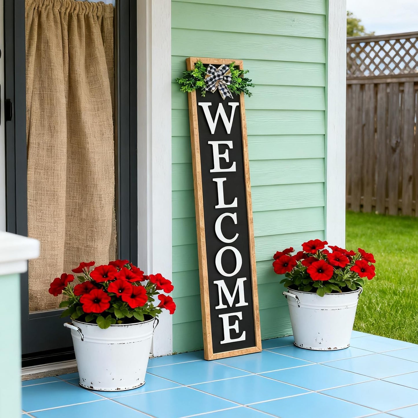 3D Outdoor Welcome Sign for Front Porch Standing 45"X9" Large Rustic Farmhouse Leaner Tall Vertical Soild Wooden Framed Plaque Modren Beautiful Outside Home Front Door Decorations (Wood Black)