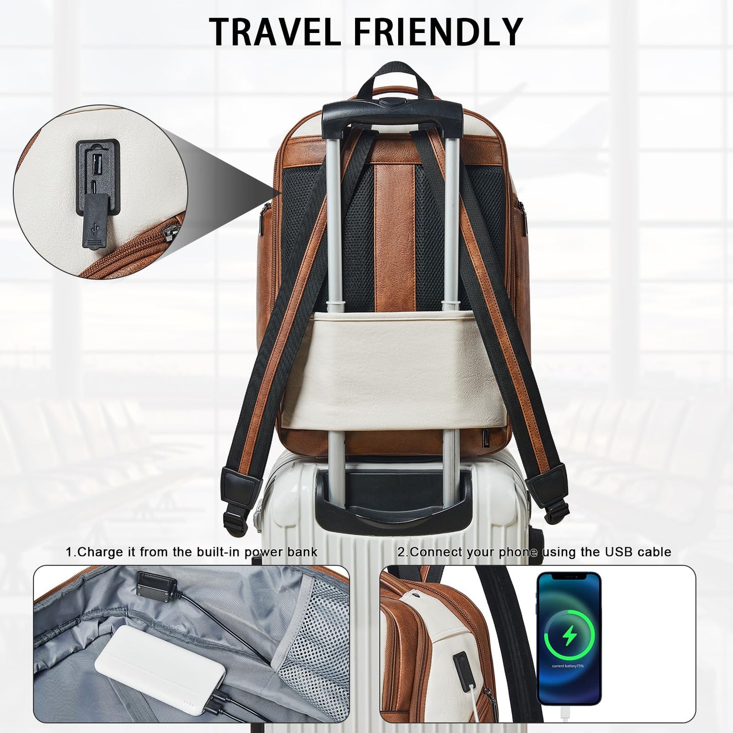 Shrrie Leather Backpack for Women, 17 Inch TSA Travel Backpack with USB Charger, 48L Expandable Large Capacity Computer Backpack Purse for Work Business Travel, Beige