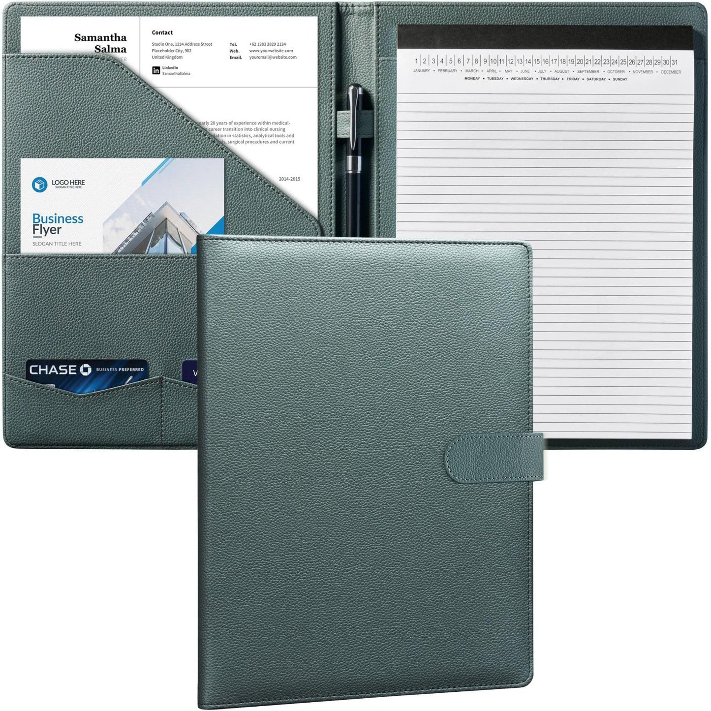 Mymazn Padfolio Portfolio Folder, Faux Leather Interview Resume Folder with Document Organizer & Business Card Holder, Letter-Sized Notepad Legal Pad Holder for Men Women (Grey Green)