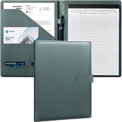 Mymazn Padfolio Portfolio Folder, Faux Leather Interview Resume Folder with Document Organizer & Business Card Holder, Letter-Sized Notepad Legal Pad Holder for Men Women (Grey Green)