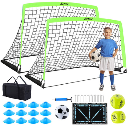 2 Set Kids Soccer Goals for Backyard with Training Equipment, 5×3 Portable Foldable Practice Nets with Ball, Dice & Mat, Cones, Air Pump and Carry Bag for Toddler Youth Outdoor Sports Game