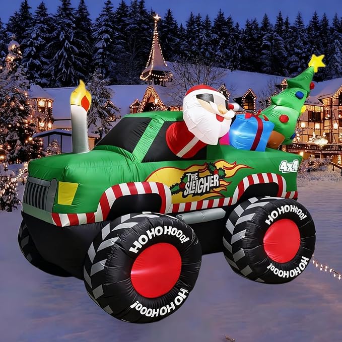 8FT Long Christmas Inflatables Monster Truck, Xmas Blow up Santa Driving Truck with Christmas Tree and Gifts Boxes Outdoor Decorations, X-mas Inflatable Yard Garden Lawn Party Holiday Decor