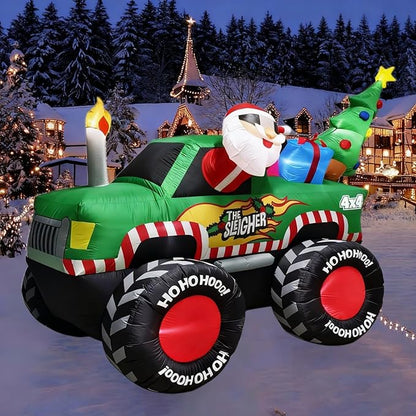 8FT Long Christmas Inflatables Monster Truck, Xmas Blow up Santa Driving Truck with Christmas Tree and Gifts Boxes Outdoor Decorations, X-mas Inflatable Yard Garden Lawn Party Holiday Decor