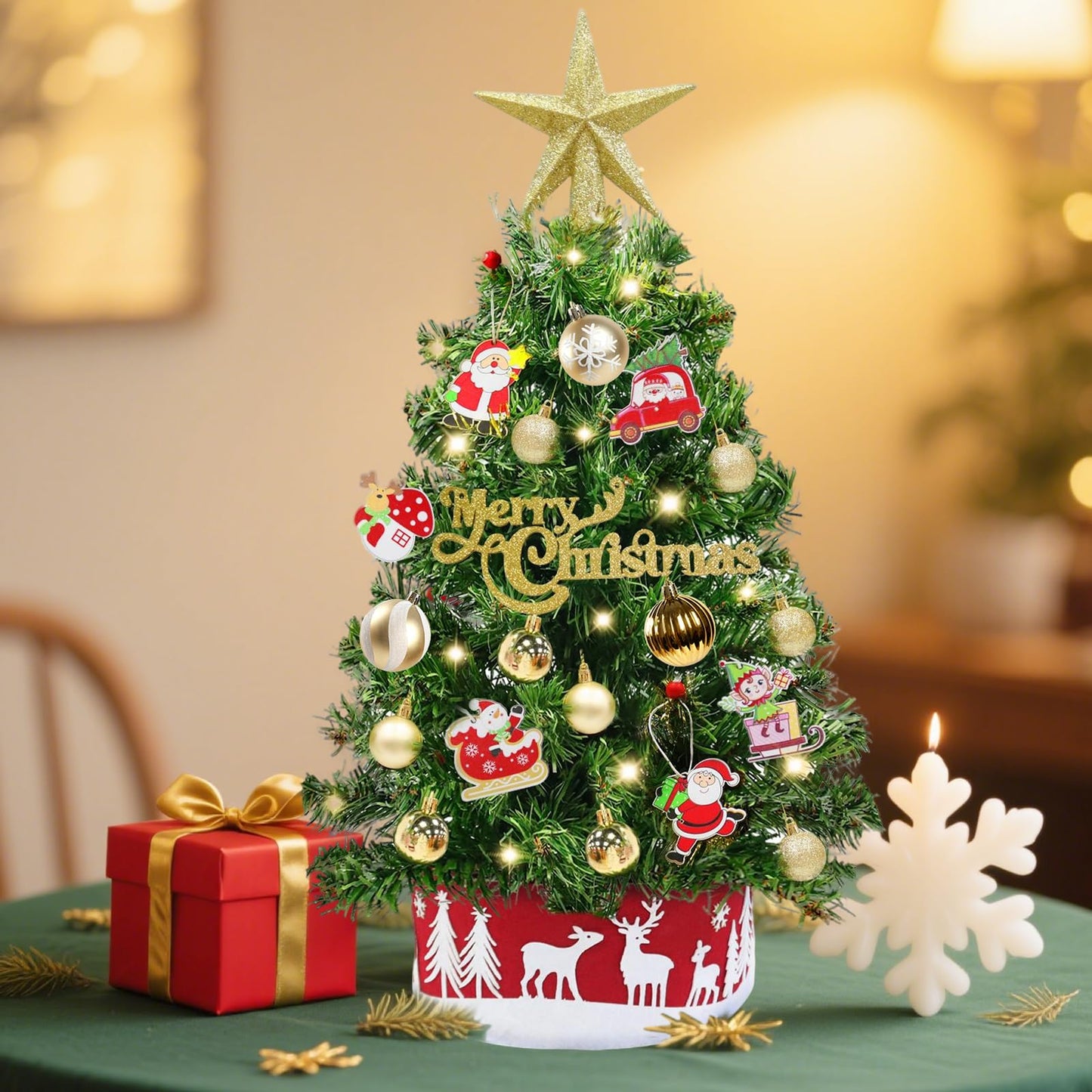 Grandeal 24" /2FT Mini Christmas Tree with Lights Timer 30 LEDs & 34 Ornaments, Small Tabletop Christmas Trees Artificial Christmas Decorations for Indoor Desk Room Office Home Decor Xmas