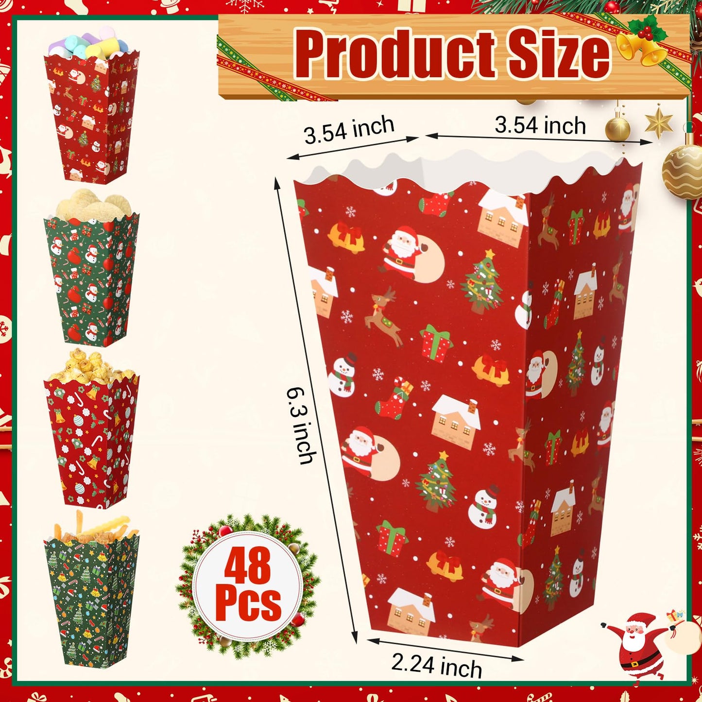 Faccito 48 Pcs Christmas Popcorn Boxes Christmas Tree Snowman Popcorn Boxes Xmas Party Treat Container Red Green Snack Buckets Mini Candy Paper Holder for Holiday Movie Night Party Favors Supplies