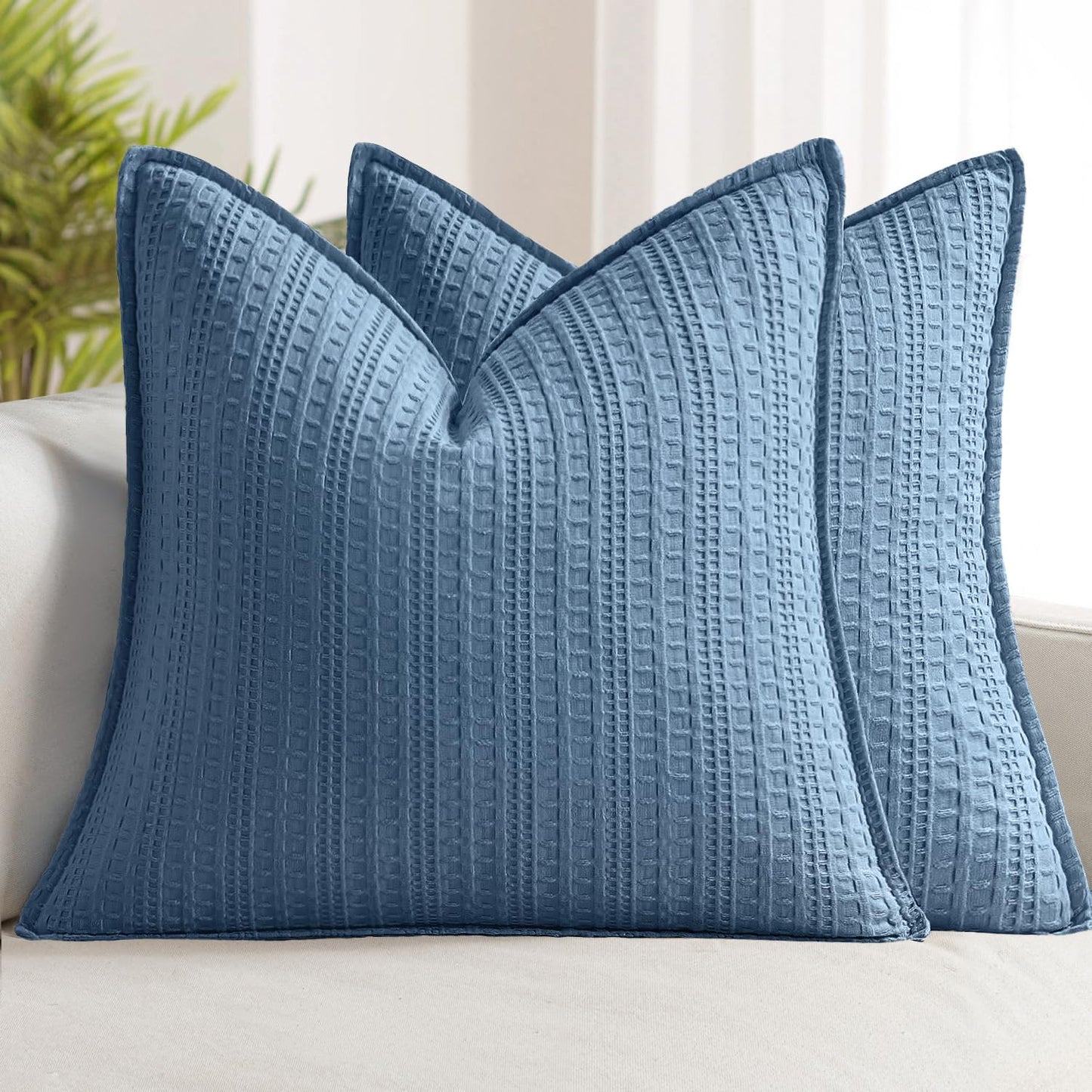 Woaboy Set of 2 Decorative 100% Cotton Waffle Throw Pillow Covers 18x18, Neutral Coastal Euro Shams Weave European Cushion Cases for Couch Sofa Bed Modern Farmhouse Home Decor, Blue