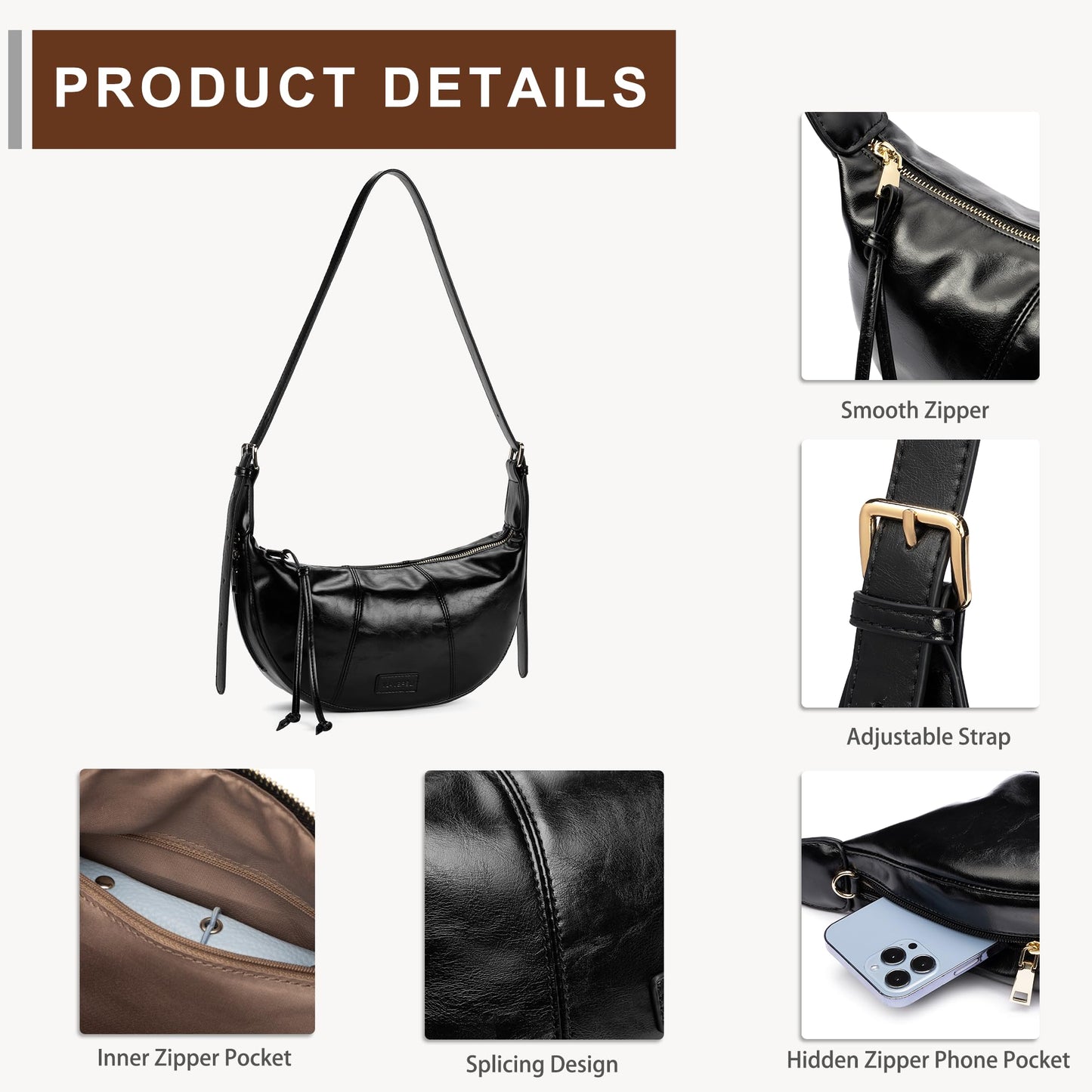 Small Crescent Crossbody Bags for Women Vegan Leather Womens Purse Hobo Shoulder Sling Bag Handbag with Adjustable Strap Daily Bag