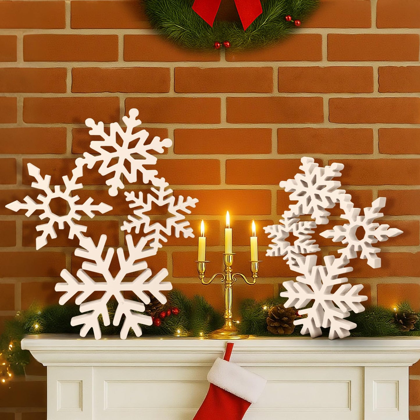 Thyle 2 Sets Christmas Wooden Snowflake Decorations 12.2 Inches 9.5 Inches 3D Winter White Snowflake Tabletop Sign Wonderland Wood Blocks for Xmas Centerpiece Farmhouse Rustic Home Decor