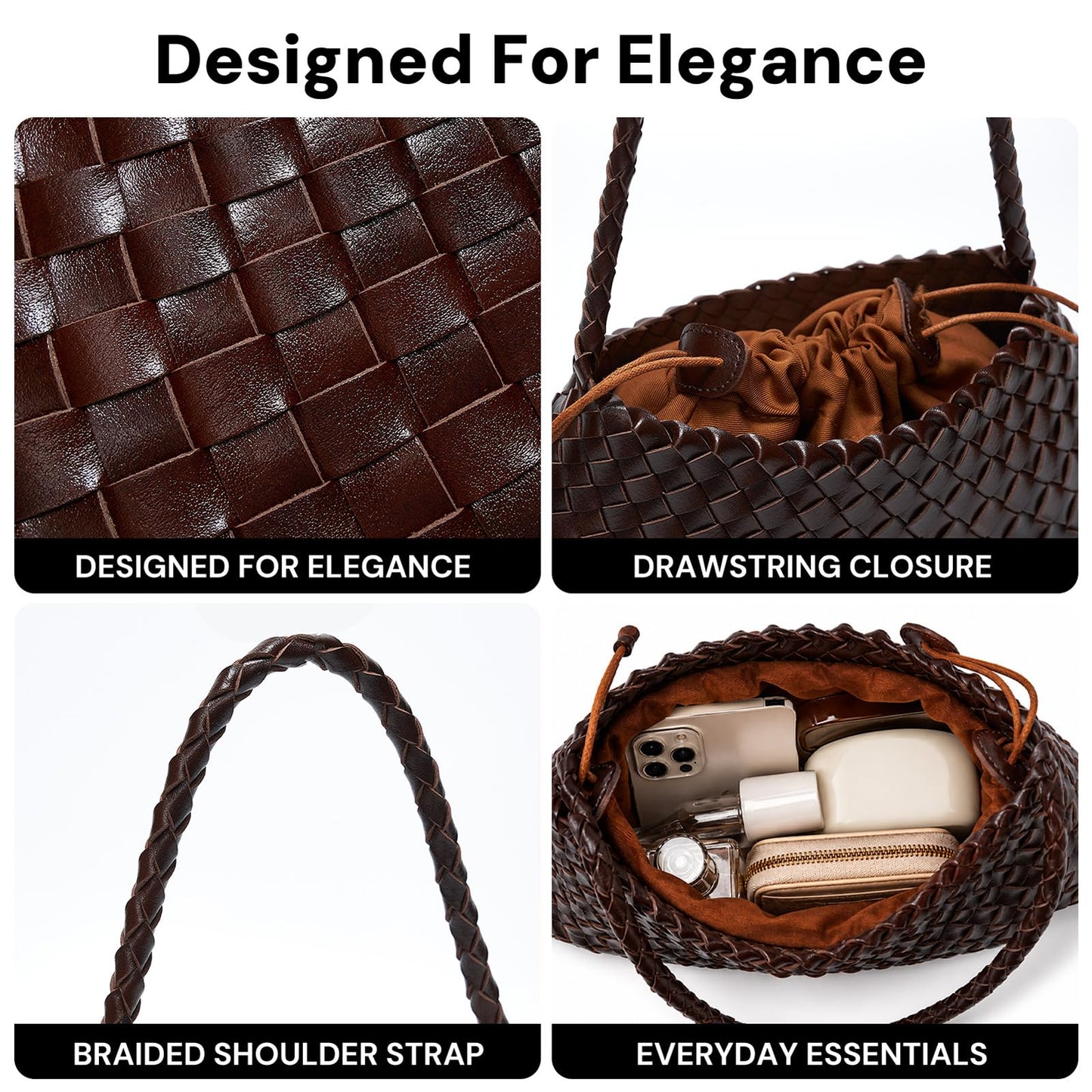 YDF Small Woven Purse for Women, Vegan Leather Shoulder Bag, Slouchy Tote Bag with Inner Drawstring Pouch, Underarm Handbag- Dark Brown