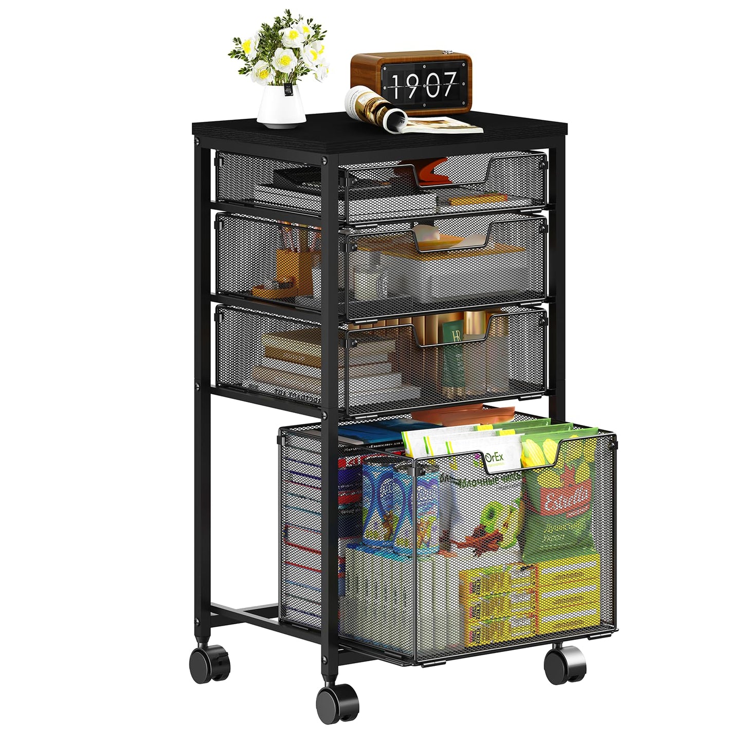 Sbanmao 3 Drawers Rolling Storage Cart, Utility Cart with Wooden Tabletop, Rolling Storage Drawer Cart with Lockable Wheels, Storage Craft Cart for Bedroom, Bedroom, Office, Black