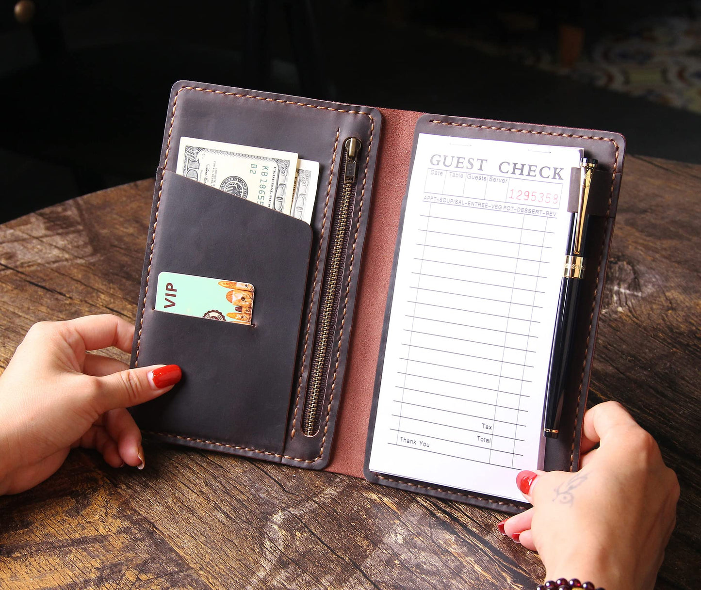 Server Book Organizer with Zipper Pocket, Genuine Leather Restaurant Guest Check Presenters Card Holder for Waitress, Waiter Accessories Fit Server Apron - Coffee
