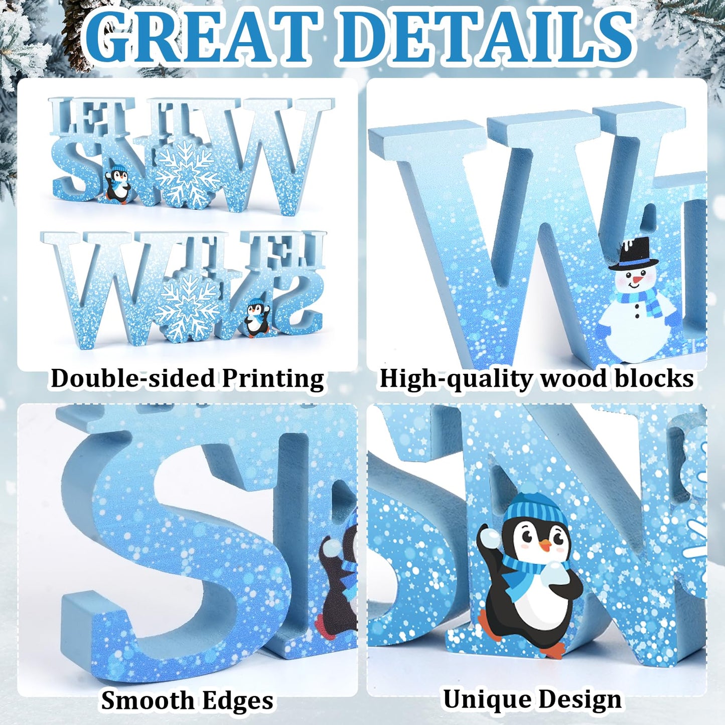 COCHIE Wooden Winter Let It Snow Sign, Snowflake Winter Decorations for Home, Office, Shelf, Mantel, Indoor, Blue White Wood Table Top Party Decor (Blue)