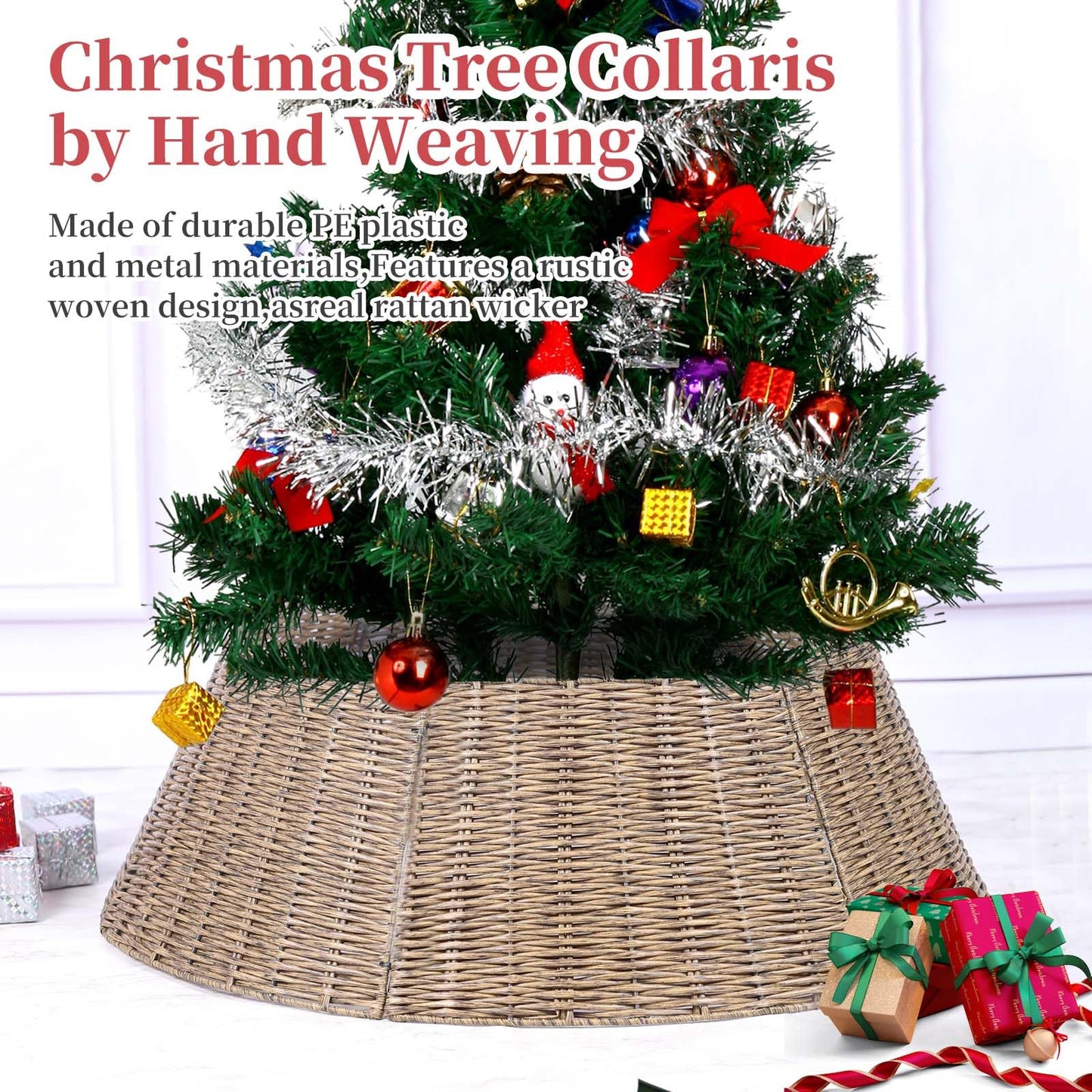 Vencer 28.3''Christmas Tree Collar,Plastic Rattan Xmas Tree Skirt,Rustic Decorations,Tree Skirt Base for Christmas Tree Decorations,Light Coffee,CTS-Y004