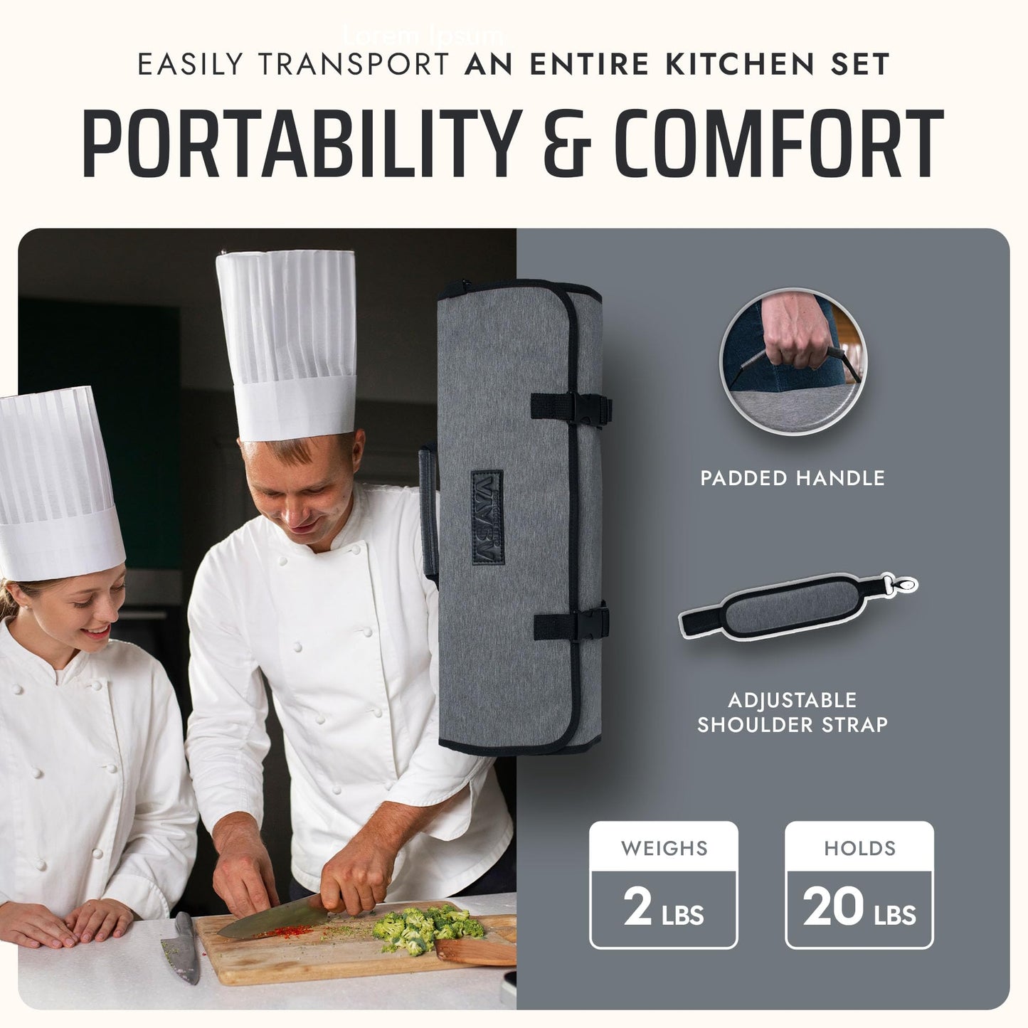 Asaya Waxed Nylon Chef Knife Roll Bag with 20 Slots and Zippered Pockets - Professional Chef Knife Bag & Storage Case, Tool Carrier with Shoulder Strap - Knives Not Included (Grey)
