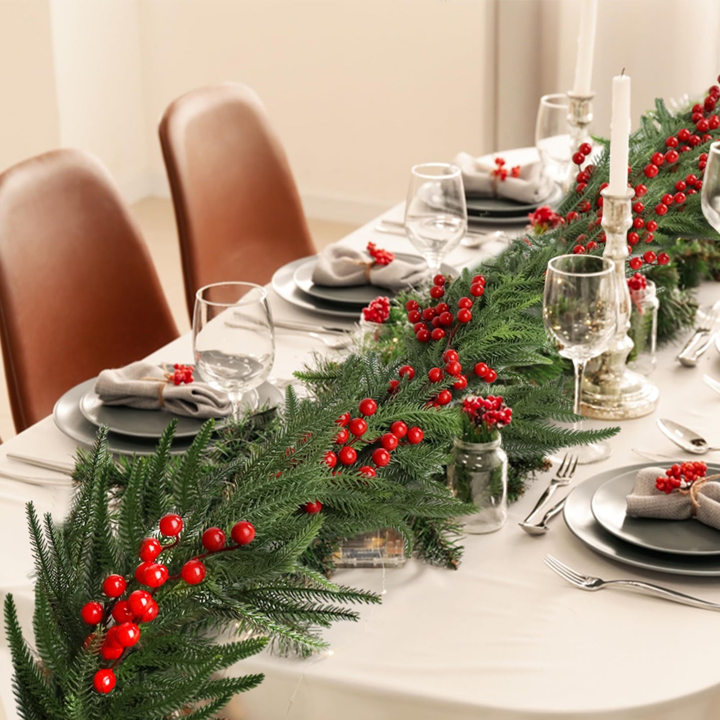Christmas Norfolk Pine Garland,Real Touch Faux Winter Greenery Garland with Light for Stairs Table Fireplace Backdrop Wall,Christmas Holiday Seasonal Winter Decor (9ft)